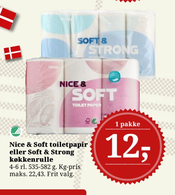 Nice & Soft toiletpapir eller Soft & Strong køkkenrulle 4-6 rl. 535-582 g. Kg-pris maks. 22,43. Frit valg. – Dagli'Brugsen