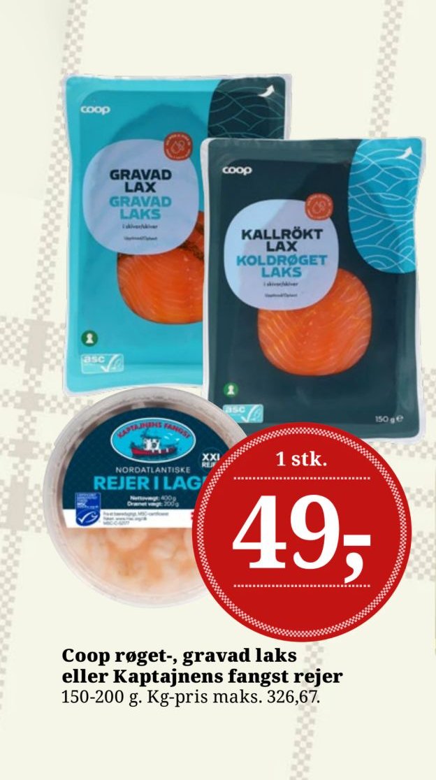 Coop røget-, gravad laks eller Kaptajnens fangst rejer – Dagli'Brugsen