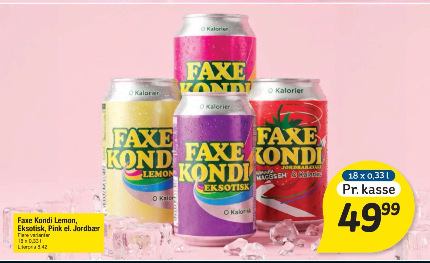 Faxe Kondi Lemon, Eksotisk, Pink el. Jordbær Flere varianter 18 x 0,33 l Literpris 8,42 – fakta Tyskland
