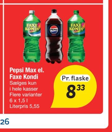 Pepsi Max el. Faxe Kondi Sælges kun i hele kasser Flere varianter 6 x 1,5 l Literpris 5,55 – fakta Tyskland