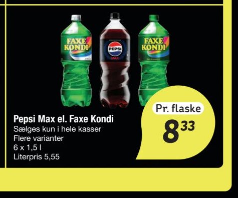 Pepsi Max el. Faxe Kondi Sælges kun i hele kasser Flere varianter 6 x 1,5 l – fakta Tyskland