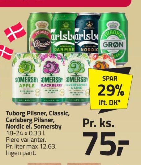 Tuborg Pilsner, Classic, Carlsberg Pilsner, Nordic el. Somersby 18-24 x 0,33 l. Flere varianter. – Fleggaard