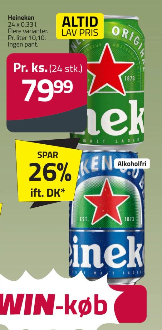 Heineken 24 x 0,33 l. Flere varianter. Pr. liter 11 – Fleggaard