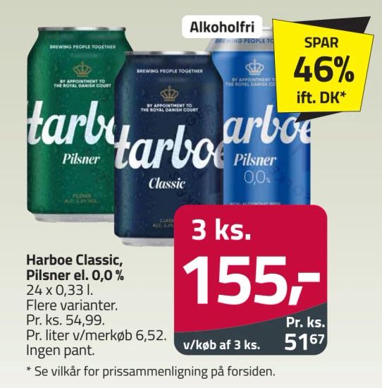 Harboe Classic, Pilsner el. 0,0 % 24 x 0,33 l. Flere varianter. Pr. ks. 54,99. Pr. liter v/merkøb 6,52. Ingen pant. – Fleggaard
