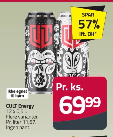 CULT Energy 12 x 0,5 l. Flere varianter. Pr. ks. – Fleggaard