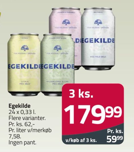 Egekilde 24 x 0,33 l. Flere varianter. 3 ks. 179,99 Pr. ks. 59,99 v/køb af 3 ks. – Fleggaard