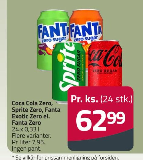 Coca Cola Zero, Sprite Zero, Fanta Exotic Zero el. Fanta Zero 24 x 0,33 l. Flere varianter. – Fleggaard