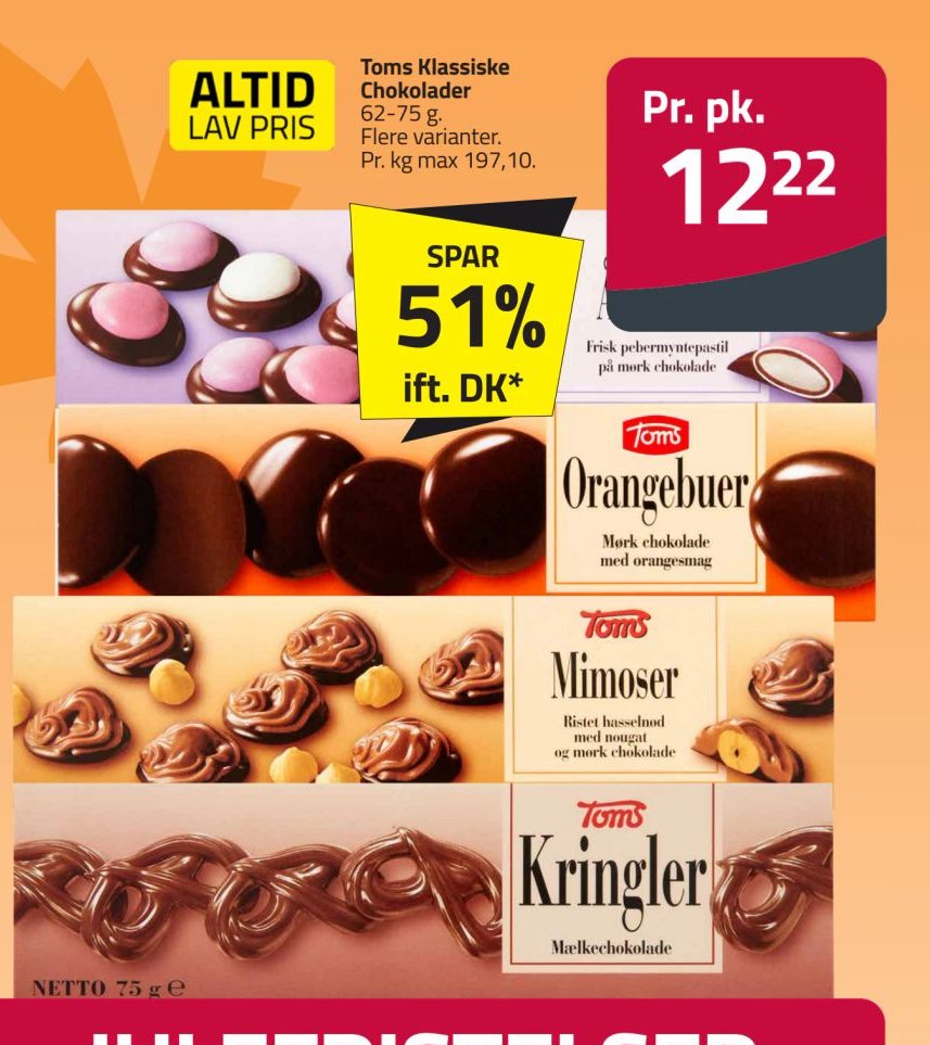 Toms Klassiske Chokolader 62-75 g Flere varianter. Pr. kg max 197,10. – Fleggaard