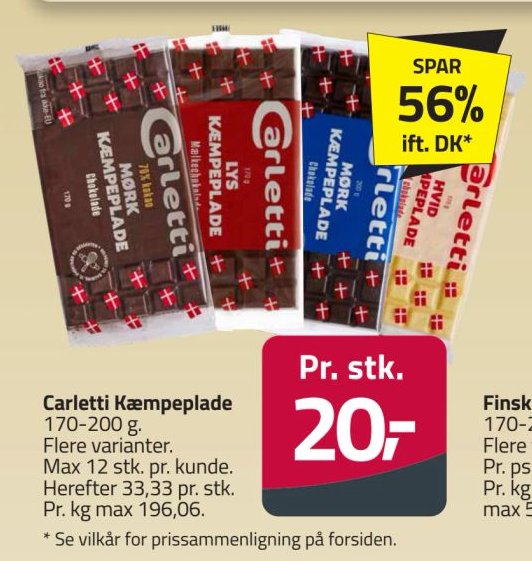 Carletti Kæmpeplade 170-200 g. Flere varianter. Max 12 stk. pr. kunde. Herefter 33,33 pr. stk. Pr. kg max 196,06. – Fleggaard