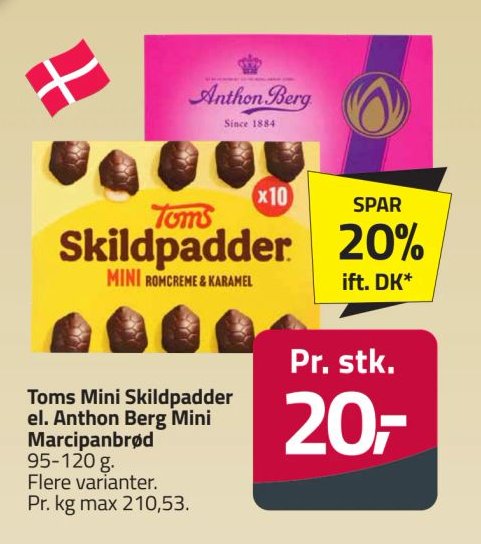 Toms Mini Skildpadder el. Anthon Berg Mini Marcipanbrød 95-120 g. Flere varianter. Pr. kg max 210,53. – Fleggaard