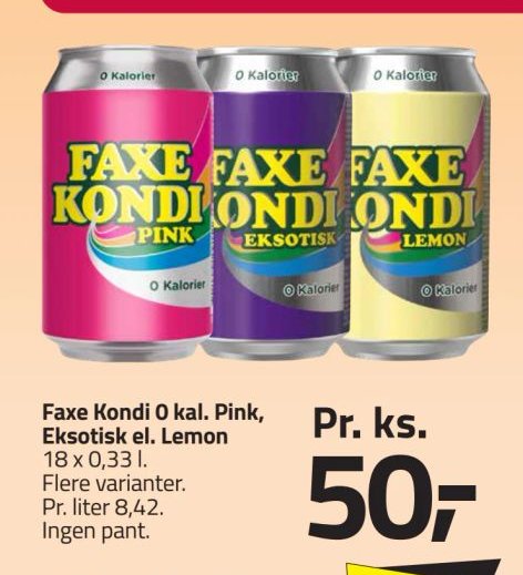 Faxe Kondi 0 kal. Pink, Eksotisk el. Lemon 18 x 0,33 l – Fleggaard