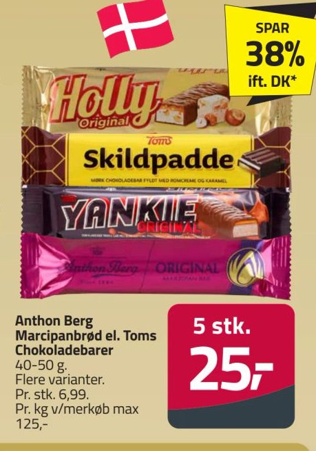 Anthon Berg Marcipanbrød el. Toms Chokoladebarer 40-50 g. Flere varianter. – Fleggaard