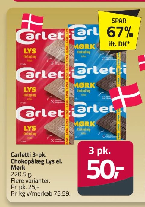 Carletti 3-pk. Chokopålæg Lys el. Mørk 220,5 g. Flere varianter. – Fleggaard