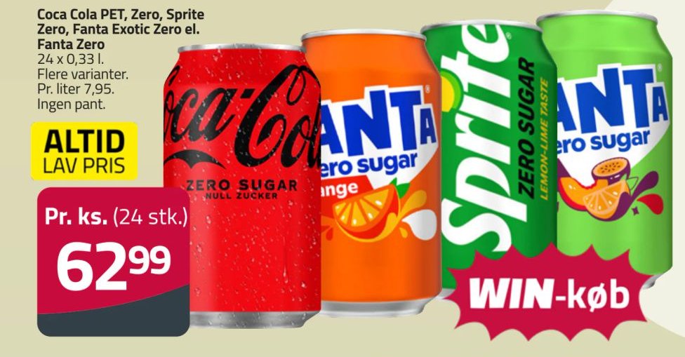 Coca Cola PET, Zero, Sprite Zero, Fanta Exotic Zero el. Fanta Zero – Fleggaard