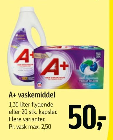 A+ vaskemiddel 1,35 liter flydende eller 20 stk. kapsler. Flere varianter. Pr. vask max. 2,50 – Føtex