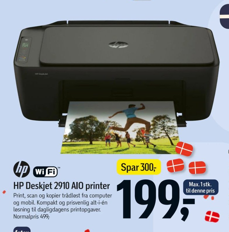 HP Deskjet 2910 AIO printer Print, scan og kopier trådløst fra computer og mobil. Kompakt og prisvenlig alt-i-én løsning til dagligdagens printopgaver. Normalpris 499,- – Føtex