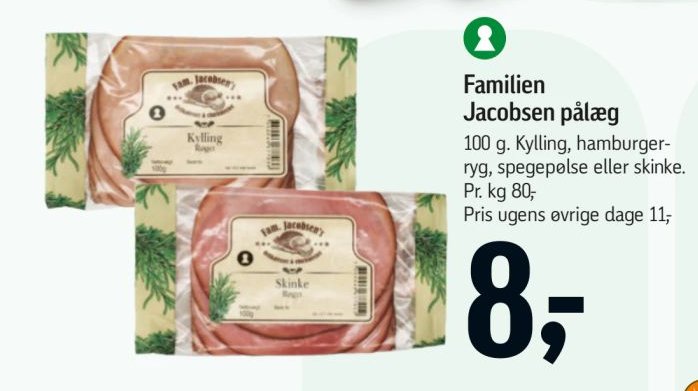 Familien Jacobsen pålæg 100 g. Kylling, hamburgerryg, spegepølse eller skinke – Føtex