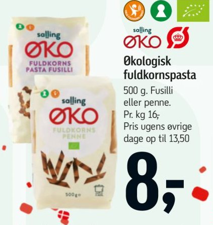 Økologisk fuldkornspasta 500 g. Fusilli eller penne. – Føtex