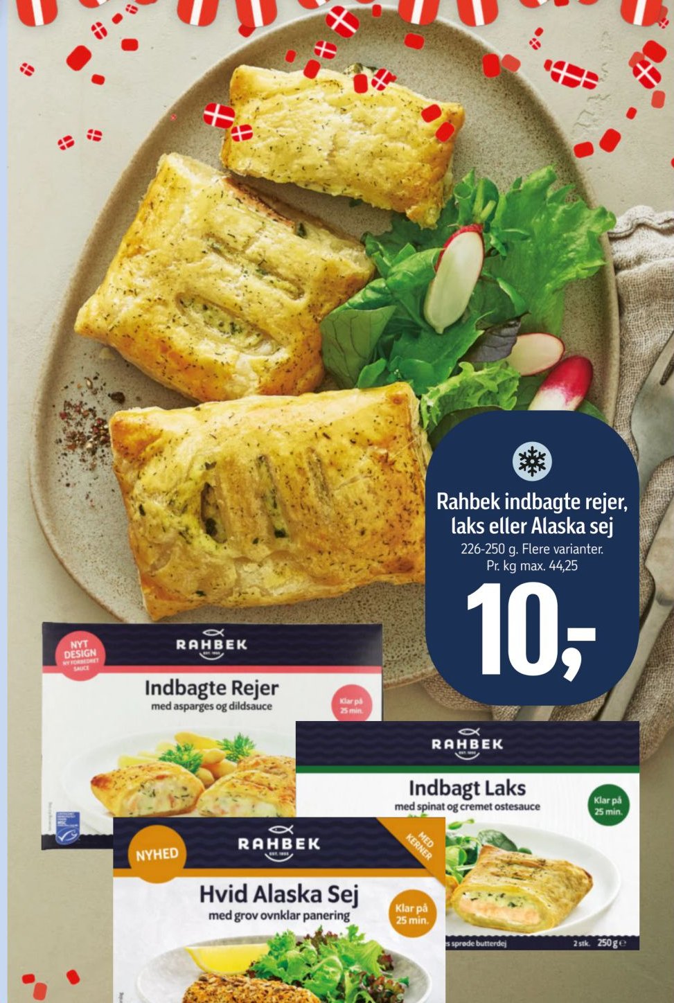 Rahbek indbagte rejer, laks eller Alaska sej 226-250 g. Flere varianter. Pr. kg max. 44,25 – Føtex