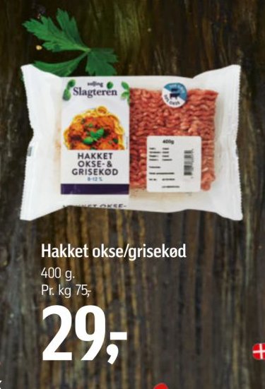 Hakket okse/grisekød 400 g. Pr. kg 75,- – Føtex
