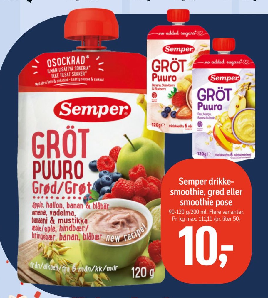 Semper drikke-smoothie, grød eller smoothie pose 90-120 g/200 ml. Flere varianter. – Føtex