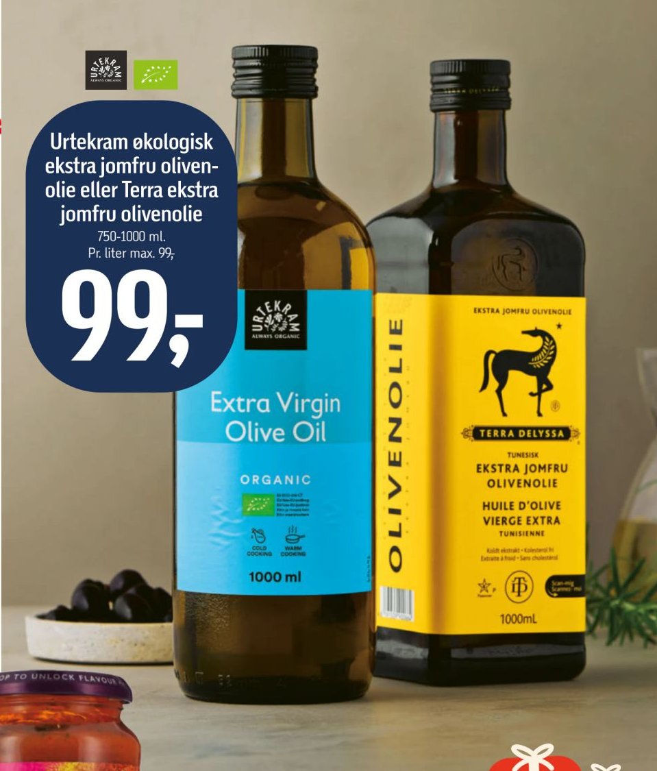 Urtekram økologisk ekstra jomfru olivenolie eller Terra ekstra jomfru olivenolie 750-1000 ml – Føtex
