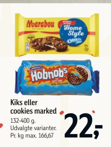 Kiks eller cookies marked 132-400 g. Udvalgte varianter. Pr. kg max. 166,67 – Føtex