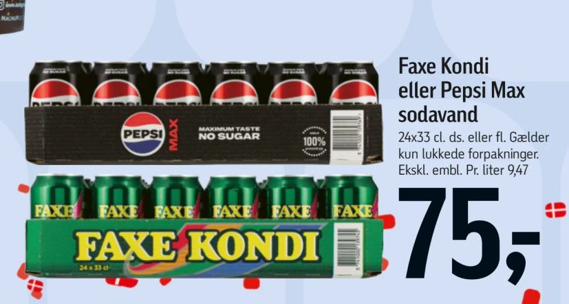 Faxe Kondi eller Pepsi Max sodavand 24x33 cl. eller fl. Gælder kun lukkede forpakninger. Ekskl. embl. – Føtex