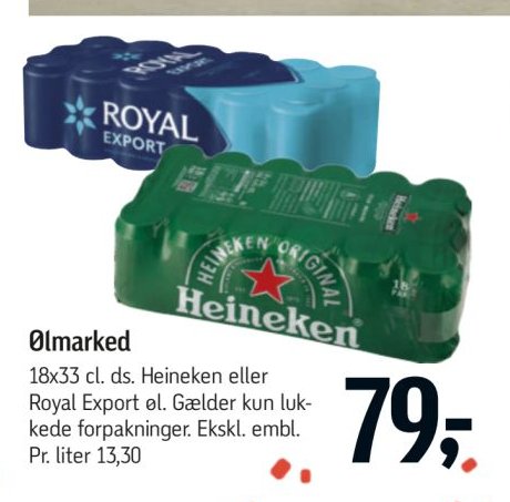 Ølmarked 18x33 cl. ds. Heineken eller Royal Export øl. Gælder kun lukkede forpakninger. Ekskl. embl. – Føtex