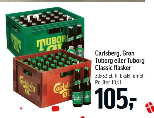 Carlsberg, Grøn Tuborg eller Tuborg Classic flasker 30x33 cl. fl. Ekskl. embl. – Føtex