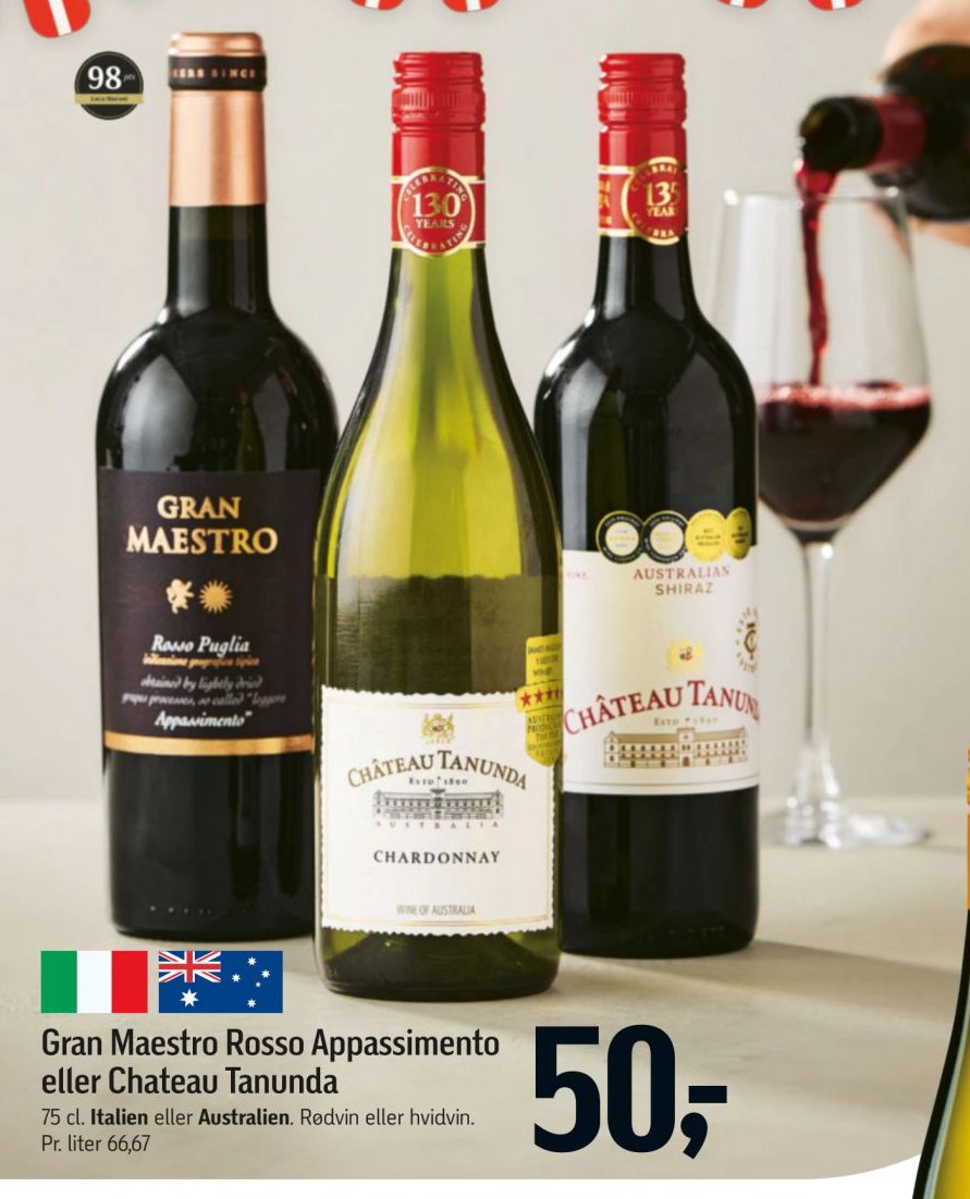 Gran Maestro Rosso Appassimento eller Chateau Tanunda 75 cl. Italien eller Australien. Rødvin eller hvidvin. Pr. liter 66,67 – Føtex