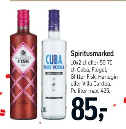 Spiritusmarked 10x2 cl eller 50-70 cl. Cuba, Flügel, Glitter Fisk, Harleqin eller Villa Cardea. – Føtex