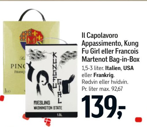 Il Capolavoro Appassimento, Kung Fu Girl eller Francois Martenot Bag-in-Box 1,5-3 liter. Italien, USA eller Frankrig. Rødvin eller hvidvin. – Føtex