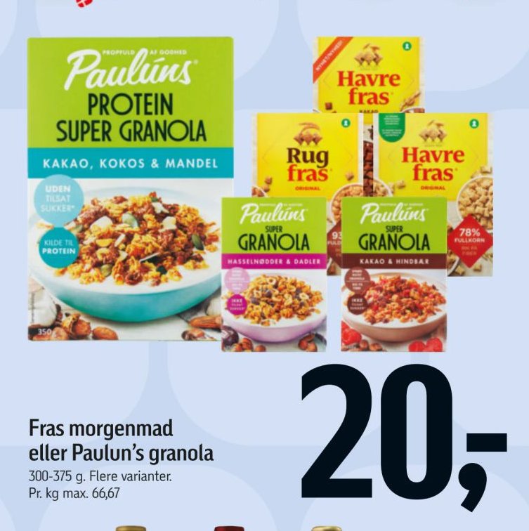 Fras morgenmad eller Paulun's granola 300-375 g. Flere varianter. – Føtex