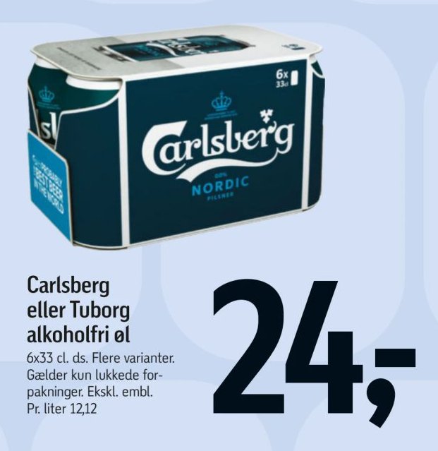 Carlsberg eller Tuborg alkoholfri øl 6x33 cl. ds. Flere varianter. – Føtex