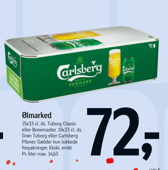Ølmarked 15x33 cl. ds. Tuborg Classic eller Brewmaster. 18x33 cl. ds. Grøn Tuborg eller Carlsberg Pilsner. – Føtex