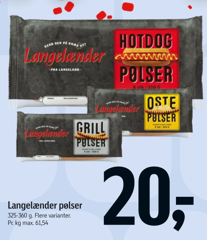 Langelænder pølser 325-360 g. Flere varianter. – Føtex