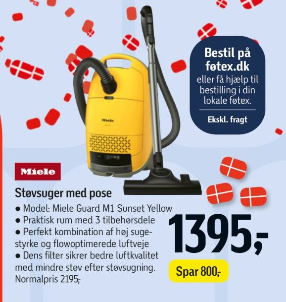 Miele Støvsuger med pose Model: Miele Guard M1 Sunset Yellow Praktisk rum med 3 tilbehørsdele Perfekt kombination af høj suge-styrke og flowoptimerede luftveje Dens filter sikrer bedre luftkvalitet med mindre støv efter støvsugning Normalpris 2195,- – Føtex