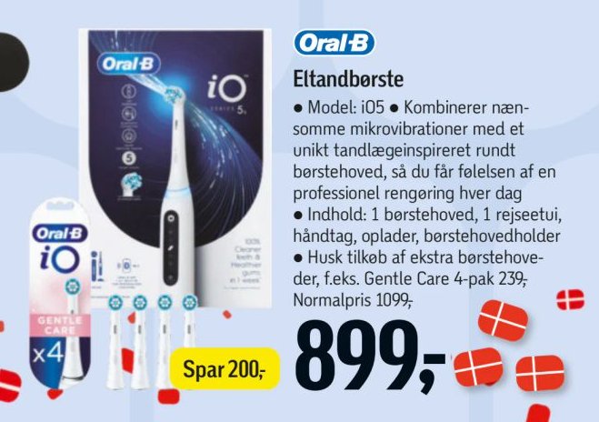 Oral-B Eltandbørste Model: iO5 Kombinerer nænsomme mikrovibrationer med et unikt tandlægeinspireret rundt børstehoved, så du får følelsen af en professionel rengøring hver dag Indhold: 1 børstehoved, 1 rejseetui, håndtag, oplader, børstehovedholder Husk tilkøb af ekstra børstehove-der, f.eks. Gentle Care 4-pak 239,- Normalpris 1099,- – Føtex