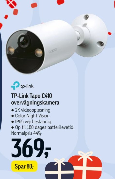 TP-Link Tapo C410 overvågningskamera 2K videoopløsning Color Night Vision IP65 vejrbestandig Op til 180 dages batterilevetid. Normalpris 449 – Føtex