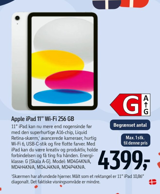 Apple iPad 11" Wi-Fi 256 GB 11" iPad kan nu mere end nogensinde før med den superhurtige A16-chip, Liquid Retina-skærm, avancerede kameraer, hurtig Wi-Fi 6, USB-C-stik og fire flotte farver. Med iPad kan du være kreativ og produktiv, holde forbindelsen og få ting fra hånden. Energiklasse: G (Skala A-G). Model: MD4G4KN/A, MD4H4KN/A, MD4J4KN/A, MD4P4KN/A. – Føtex
