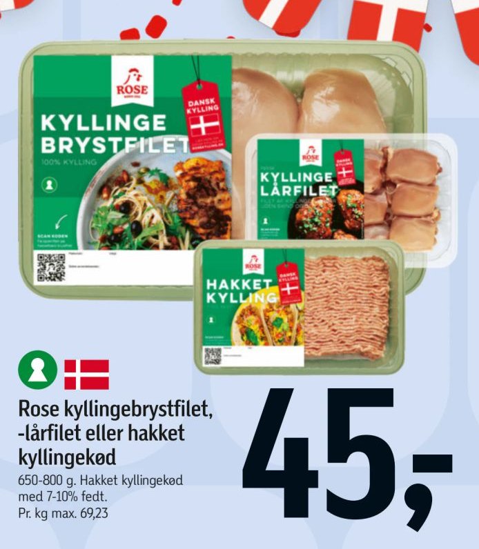Rose kyllingebrystfilet, -lårfilet eller hakket kyllingekød 650-800 g. Hakket kyllingekød med 7-10% fedt. – Føtex