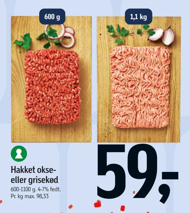 Hakket okse- eller grisekød 600-1100 g. 4-7% fedt. – Føtex