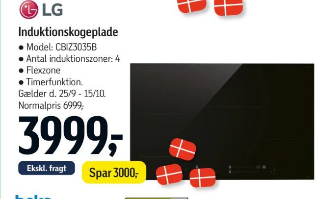 LG induktionskogeplade Model: CBI2Z3035B Antal induktionszoner: 4 Flexzone Timerfunktion Gælder d. 25/9 - 15/10 – Føtex