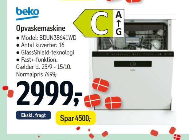 Beko Opvaskemaskine Model: BDUN38641WD Antal kuverter: 16 Glasshield-teknologi Fast+ funktion Gælder d. 25/9 - 15/10 – Føtex