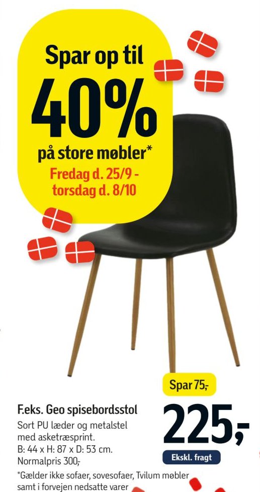 F.eks. Geo spisebordsstol Sort PU læder og metalstel med asketræsprint. B: 44 x H: 87 x D: 53 cm. – Føtex