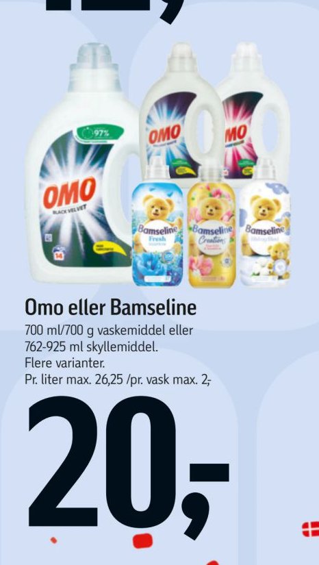Omo eller Bamseline 700 ml/700 g vaskemiddel eller 762-925 ml skyllemiddel. Flere varianter. – Føtex
