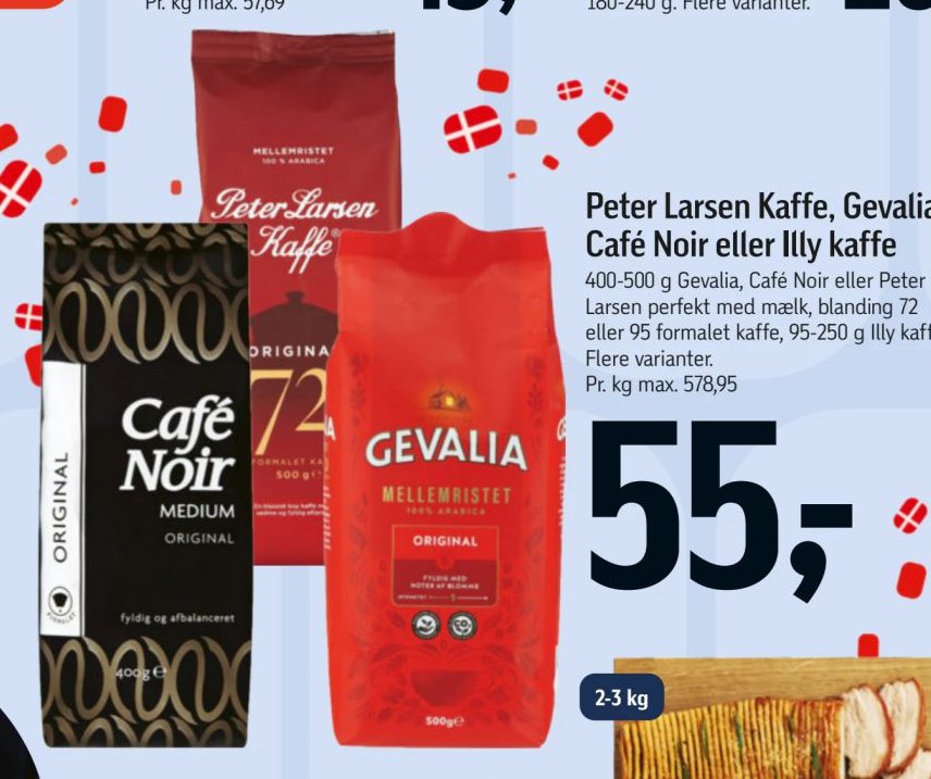 Peter Larsen Kaffe, Gevalia, Café Noir eller Illy kaffe 400-500 g Gevalia, Café Noir eller Peter Larsen perfekt med mælk, blanding 72 eller 95 formalet kaffe, 95-250 g Illy kaffe. Flere varianter. – Føtex