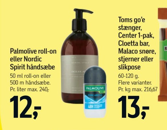 Palmolive roll-on eller Nordic Spirit håndsæbe 50 ml roll-on eller 500 ml håndsæbe. – Føtex