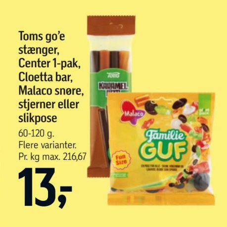 Toms gø'e Center-pak, Cloetta bar, Malaco snøre, stjerner eller slikpose 60-120 g. Flere varianter. – Føtex